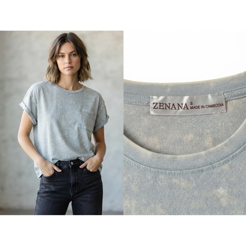 Zenana Women Acid Wash T-Shirt Grey Yellow Cotton Pocket Tee Small NWOT